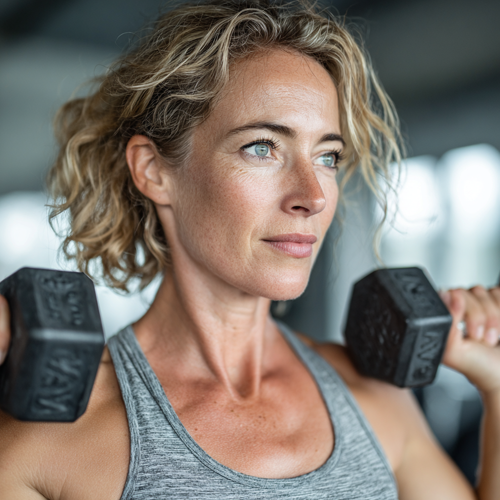 Energetic woman in her late 40s performing strength training exercises in a bright modern fitness studio, demonstrating proper form while lifting weights, showing confidence and determination in healthy lifestyle